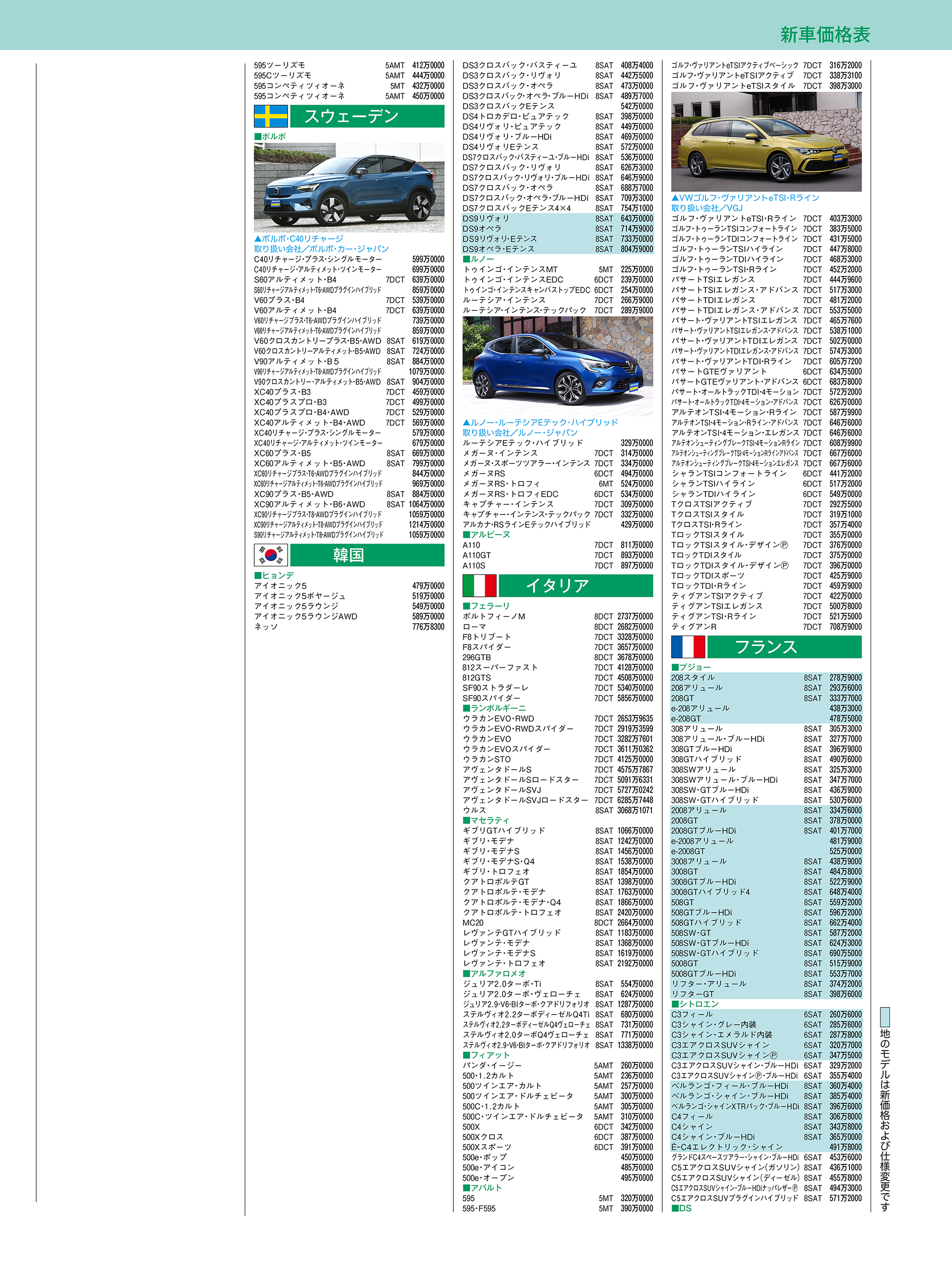 新車価格表（輸入車、2022年7月25日現在）