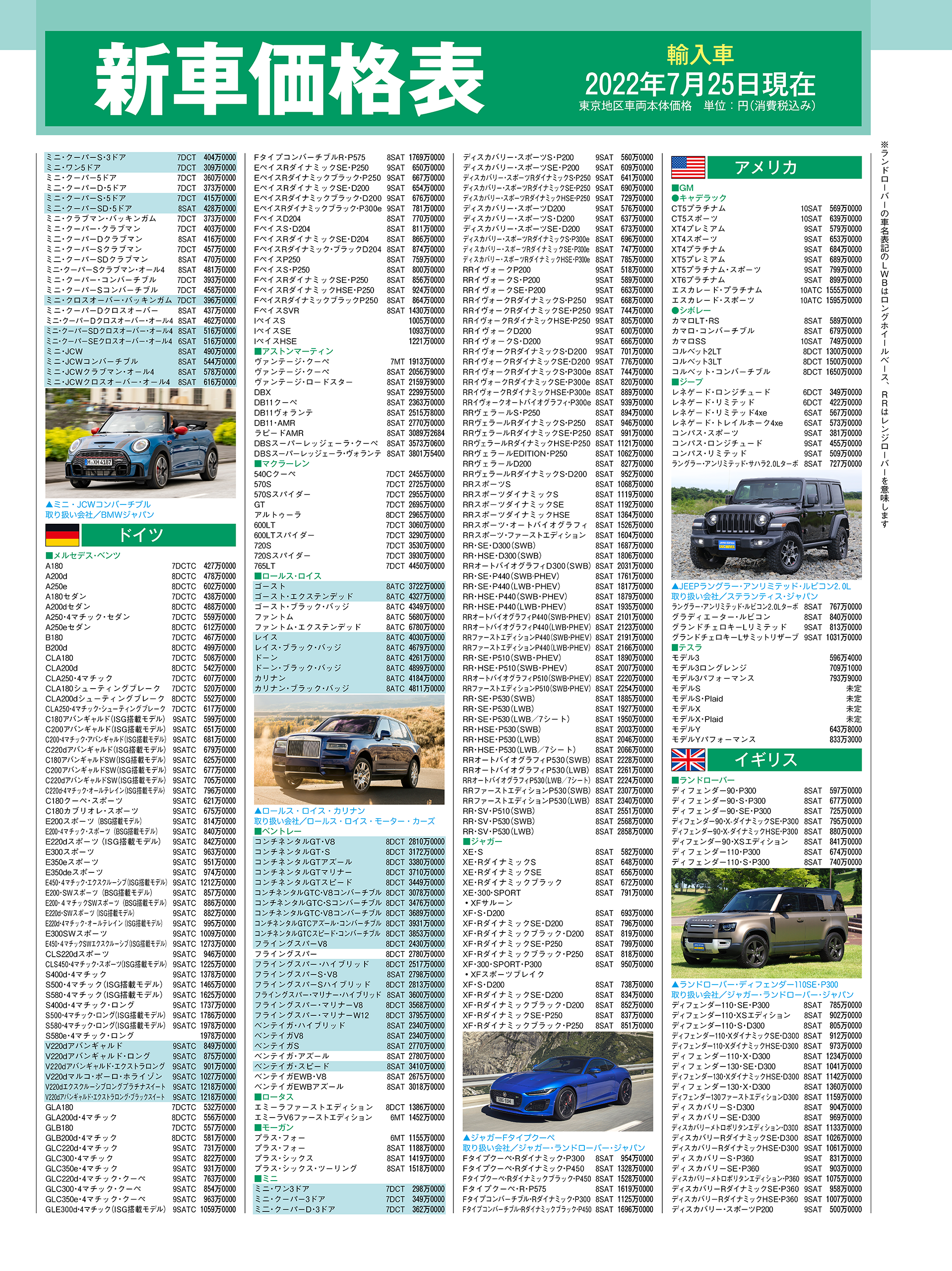新車価格表（輸入車、2022年7月25日現在）