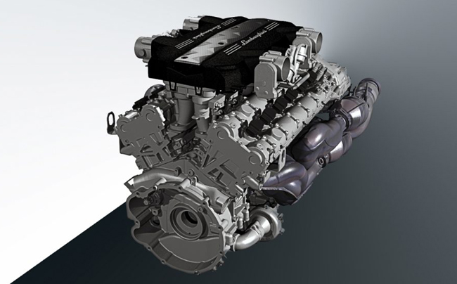 ▲ミッドシップ配置のパワーユニットにはアヴェンタドールなどに設定して名声を高めた自然吸気の6498cc・V型12気筒DOHCエンジン（最高出力780hp、最大トルク720Nm）を搭載