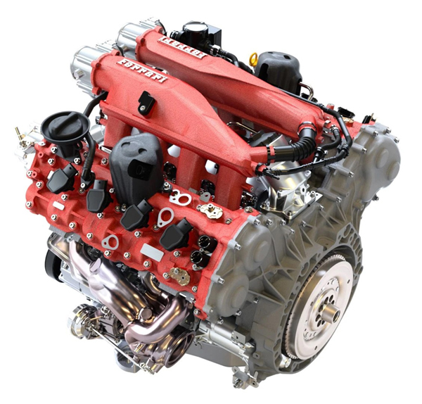 ▲フロントミッドシップに搭載されるエンジンは3855cc・V型8気筒DOHCツインターボユニットで、9.45の圧縮比から最高出力620ps/5750～7500rpm、最大トルク760Nm/3000～5750rpmを発生する
