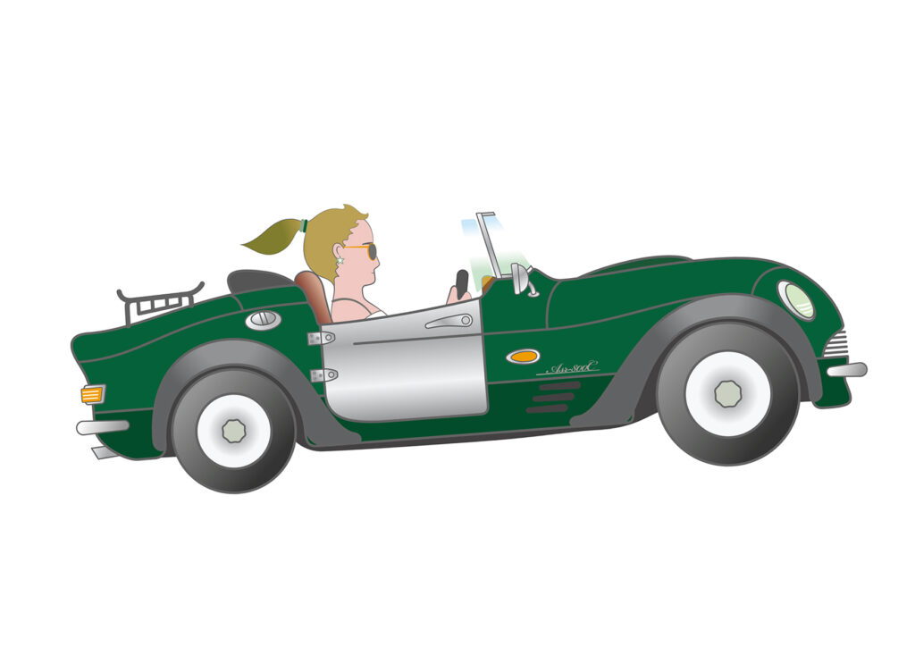 緑のスポーツカーを運転する女性ドライバーのイラスト