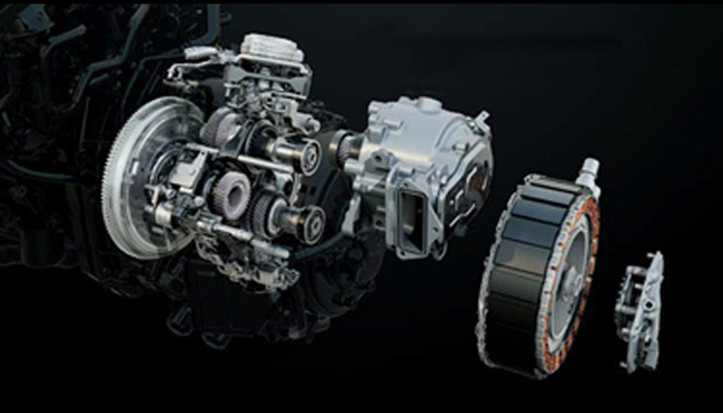 ▲H4M型1597cc直列4気筒DOHC16Vガソリンエンジン（91ps／144Nm）、36kW／205Nmを発生する駆動用Eモーター、15kW／50Nmを発生するHSG、総電力量1.2kWhのリチウムイオンバッテリーでフルハイブリッドシステムを構成する