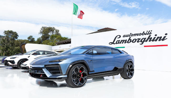 ▲ランボルギーニがピュアEVの新世代GTカーとなる「ランザドール」のコンセプトモデルを米国カリフォルニア州ぺブルビーチで開催されたモントレー・カー・ウィーク2023にて発表