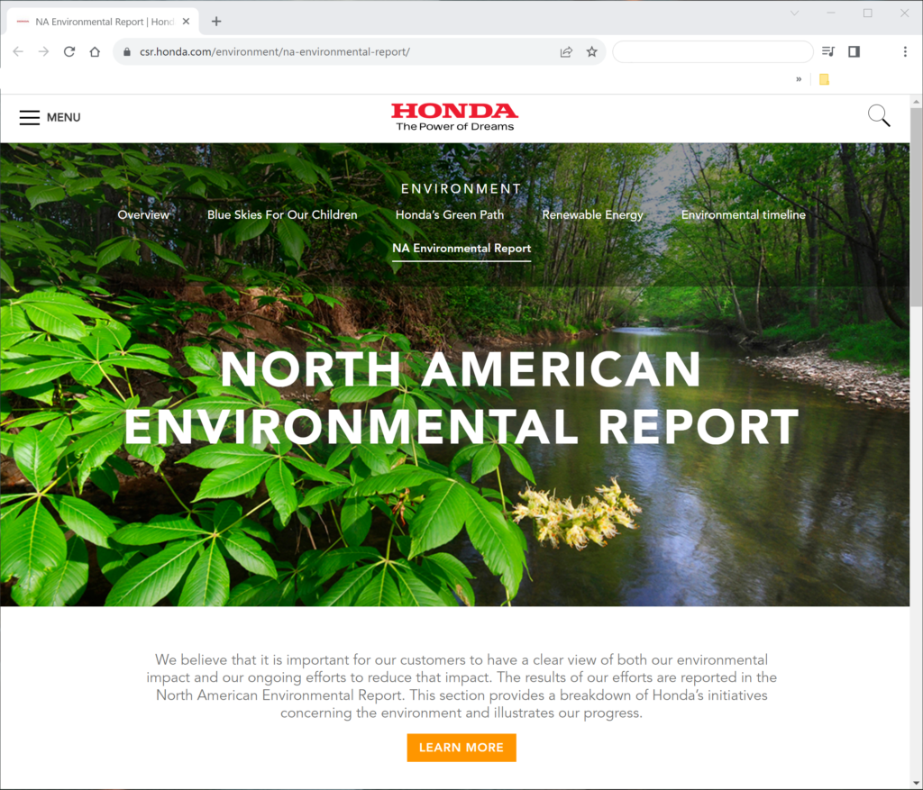 北米ホンダ、環境配慮推進ホームページ
