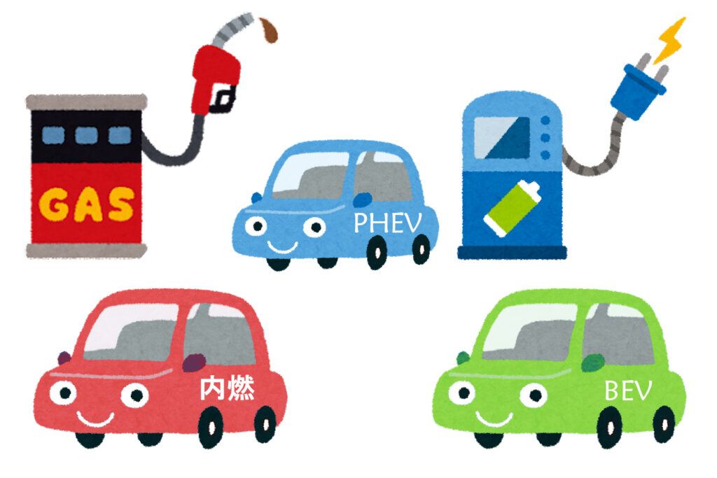 PHEV、内燃機関車,BEVのイラスト