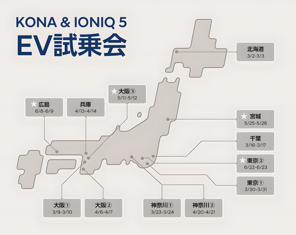 「Try, Hyundai EV試乗会 KONA&IONIQ 5」開催場所について日本地図