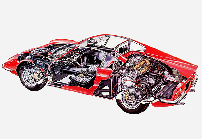 ディーノ206 & 246はフェラーリ初のMRプロダクションモデル。キャビン背後にV6DOHCを横置き搭載。排気量は206が2リッター(180hp)、246は2.4リッター(195hp)。ディーノはハンドリングの良さで好評を博す