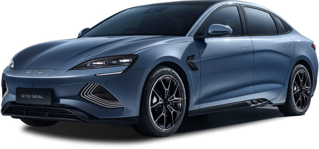 ▲BYDシール 価格:495万円 全長4800×全幅1875×全高1460mm ホイールベース2920mm 車重2100kg 乗車定員5名 一充電航続距離(WLTCモード)640km 交流電力量消費率(WLTCモード)148Wh/km 写真のボディカラーはアトランティスグレー