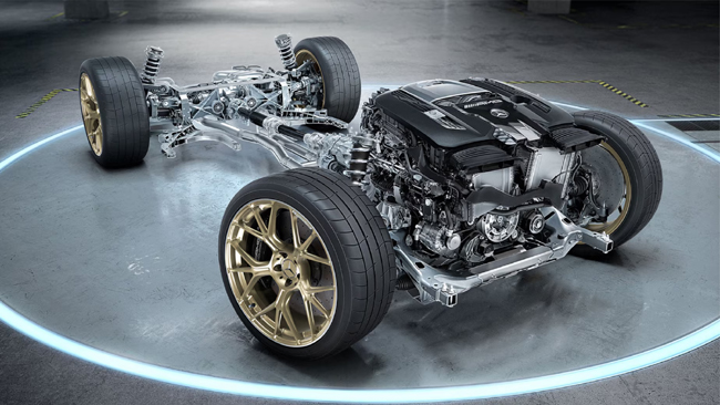 ▲パワートレインにはエンジンコントロールユニットのチューニング変更などを実施して既存のGT 63 4MATIC+クーペ比で27ps(20kW)/50Nmの出力アップを図った“M177”3982cc・V型8気筒DOHC直噴ガソリンツインターボエンジンを搭載。最高出力は612ps(450kW)/5750~6500rpm、最大トルクは850Nm/2500~4500rpmを発生