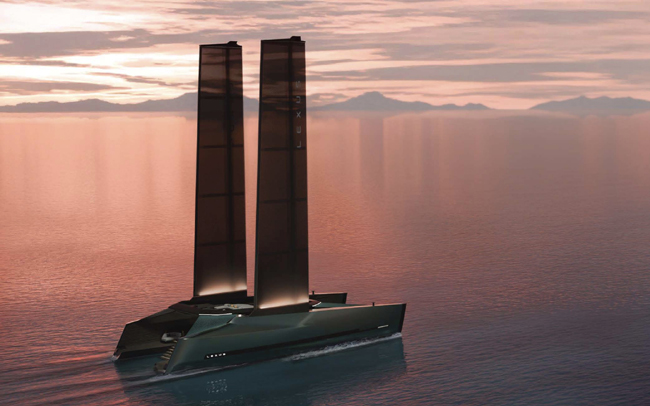 ▲“海”のモビリティとして特別なプライバシー空間とグリッドフリーな航行を実現した「CATAMARAN CONCEPT」の縮小版コンセプトモデルを出展。最上級のプライバシー空間を実現するための機能として自動操船を採用する