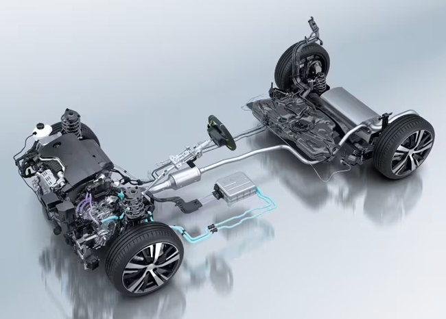 ▲パワートレインは1199cc直列3気筒DOHC直噴ガソリンターボエンジン(136ps/230Nm)に、電子制御6速DCTのトランスミッションに内蔵した電気モーター(16kW/51Nm)と48Vリチウムイオンバッテリーを組み合わせて、前輪駆動のマイルドハイブリッドシステムを構成する