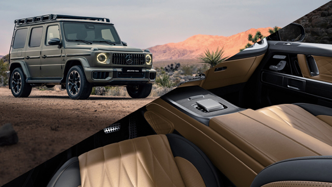 ▲メルセデスメルセデスAMG G 63オフロード プロ エディション 外装色:MANUFAKTURダークオリーブマグノ(マット)/内装色:MANUFAKTURカタラーナベージュ/ブラック 価格:3445万円 全長4910×全幅1985×全高2050mm ホイールベース2890mm 車重2670kg 乗車定員5名 WLTCモード燃費6.8km/リットル 販売台数は右ハンドル45台/左ハンドル30台