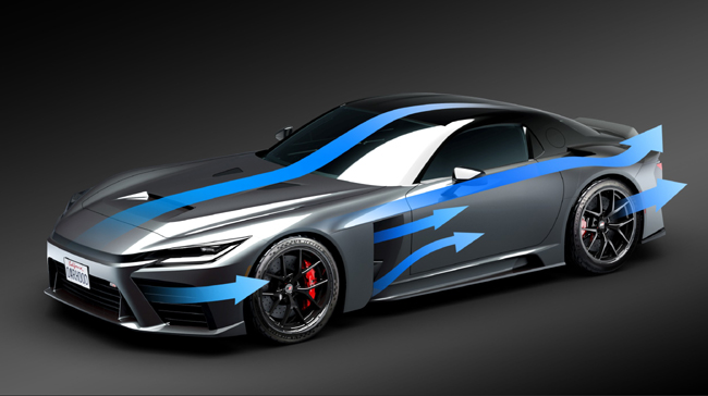 ▲“空力・冷却性能追求デザイン”を採用。通常はエクステリアデザインを決めてから空力を考慮するが、GR GTではそのプロセスから見直し、空力性能の理想像を定めてからエクステリアをデザインする逆転の開発工程を敢行する