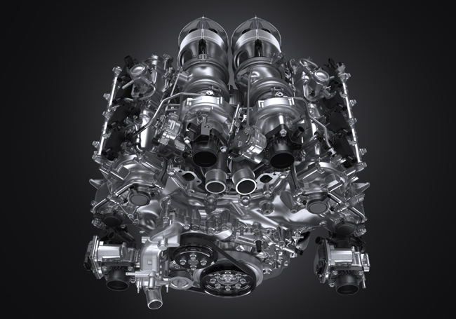 ▲新開発の3998cc・V型8気筒ツインターボエンジンを搭載。ボア87.5×ストローク83.1mmのショートストローク化によってエンジン高を抑え、合わせてバンク内に2つのターボを配置したホットV形式を採用し、さらにドライサンプシステムによるオイルパンの薄型化などを図る