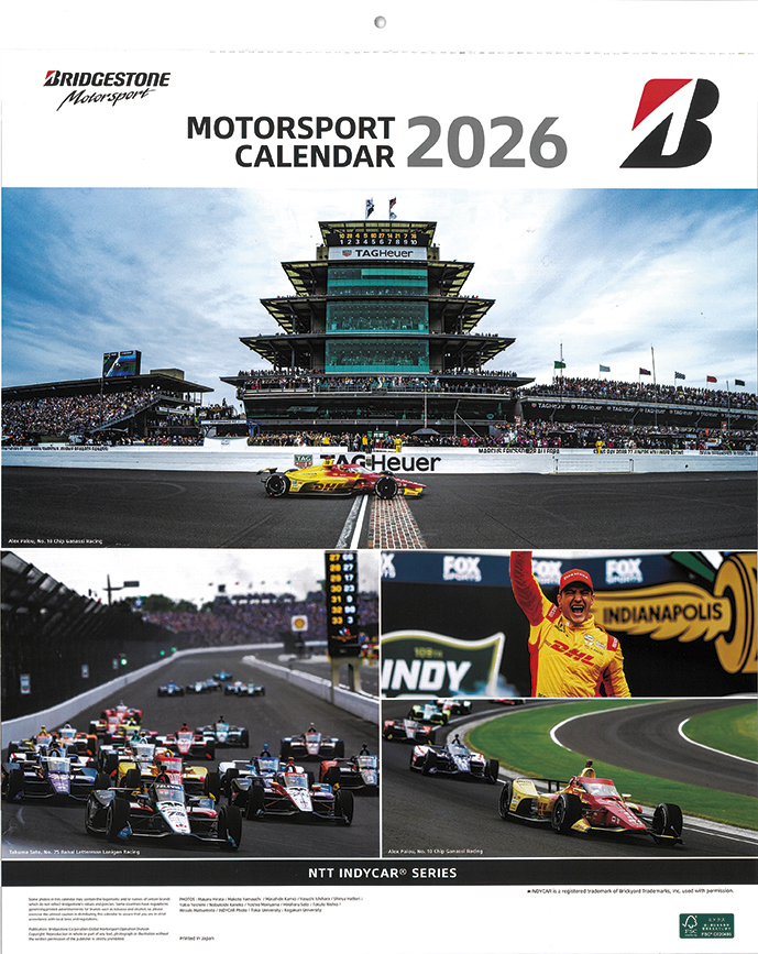 ブリヂストン（ファイアストン）がタイヤを供給するインディ、スーパーGT、スーパー耐久、KYOJO　CUPなど多彩なシリーズの迫力あるシーンを集めた。縦×横約460×365㎜。5枚構成。1名に。