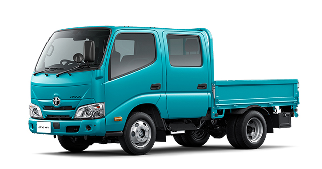 ▲トヨタ・ダイナ カーゴ 1.0tonシリーズ ダブルキャブ・2WD・フルジャストロー 1.35トン積・ディーゼル車(GDY232-PQTGC) 価格:499万5100円 全長4690×全幅1695×全高1980mm ホイールベース2545mm 車重2080kg JH25モード燃費13.84km/リットル