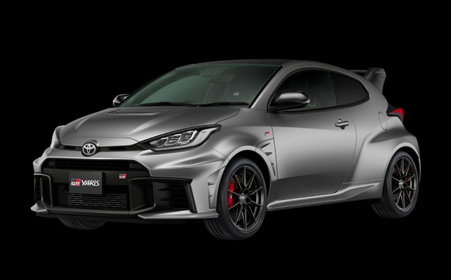 ▲トヨタGRヤリス RZ“High performance”+Aero performance package 価格:6MT(iMT)553万2200円/8AT(GR-DAT)588万2200円 全長3995×全幅1805×全高1455mm ホイールベース2560mm 車重6MT(iMT)1290/8AT(GR-DAT)1310kg 乗車定員4名 WLTCモード燃費6MT(iMT)12.4/8AT(GR-DAT)10.8km/リットル 写真のボディカラーはプレシャスメタル