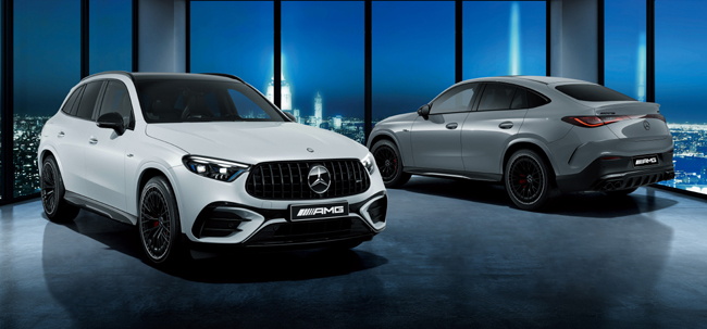 ▲メルセデス・ベンツGLCの高性能モデル「メルセデスAMG GLC43 4MATIC」(写真・左)および「メルセデスAMG GLC43 4MATICクーペ」(同・右)に特別仕様車の「Edition Night Carbon」を設定