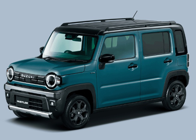 ▲スズキ・ハスラー・タフワイルドターボ(4WD) 価格:204万8200円 全長3395×全幅1475×全高1680mm ホイールベース2460mm 車重890kg 乗車定員4名 WLTCモード燃費20.4km/リットル 写真のボディカラーは専用色のデニムブルーメタリック×ブラック2トーン