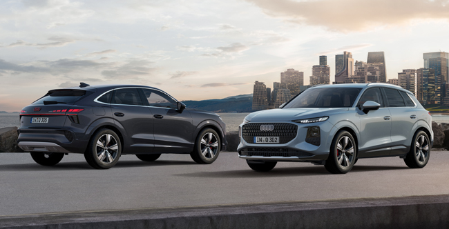▲写真・右:アウディQ3 ローンチエディション 価格:636万円 同・左:アウディQ3スポーツバック ローンチエディション 価格:657万円 専用ボディカラーとしてアローグレーパールエフェクト(同・右)を設定。デジタルマトリクスLEDヘッドライトも標準で組み込む