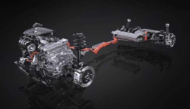 ▲HEVモデルのES350hはパワートレインにA25A-FXS型A25A-FXS型2487cc直列4気筒DOHC・D-4Sガソリンエンジン(189ps/24.0kg・m)+2VM型フロントモーター(119kW/272Nm)+リチウムイオン電池(4Ah)+電気式無段変速機で構成するシリーズパラレルハイブリッドシステムの2WD(FF)と、同システムに4NM型リアモーター(41kW/123Nm)を組み込んだシリーズパラレルハイブリッドシステムのE-Four(AWD)を搭載