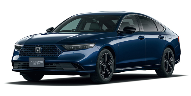 ▲ホンダ・アコードe:HEV Honda SENSING 360+ 価格:635万1400円 全長4975×全幅1860×全高1450mm ホイールベース2830mm 車重1580kg 乗車定員5名 WLTCモード燃費23.8km/リットル 写真のボディカラーはキャニオンリバーブルーメタリック